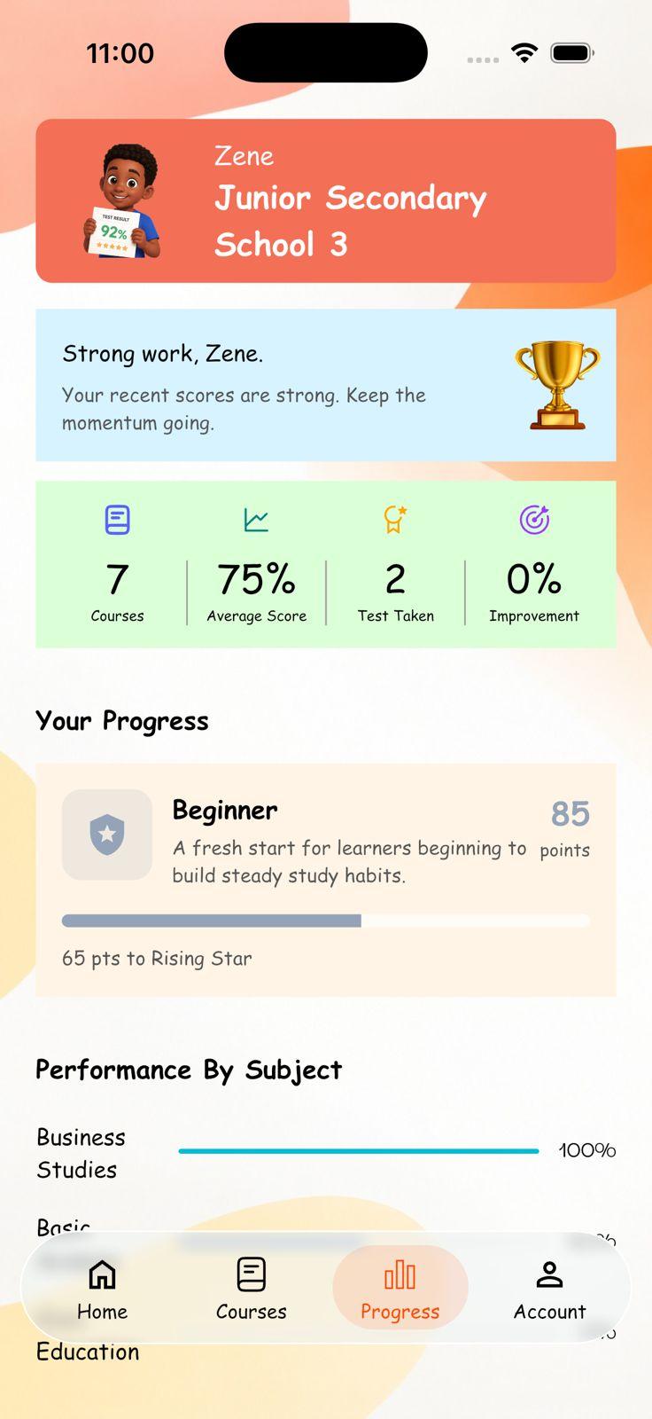 Lesson360 app progress screen with scores and performance by subject