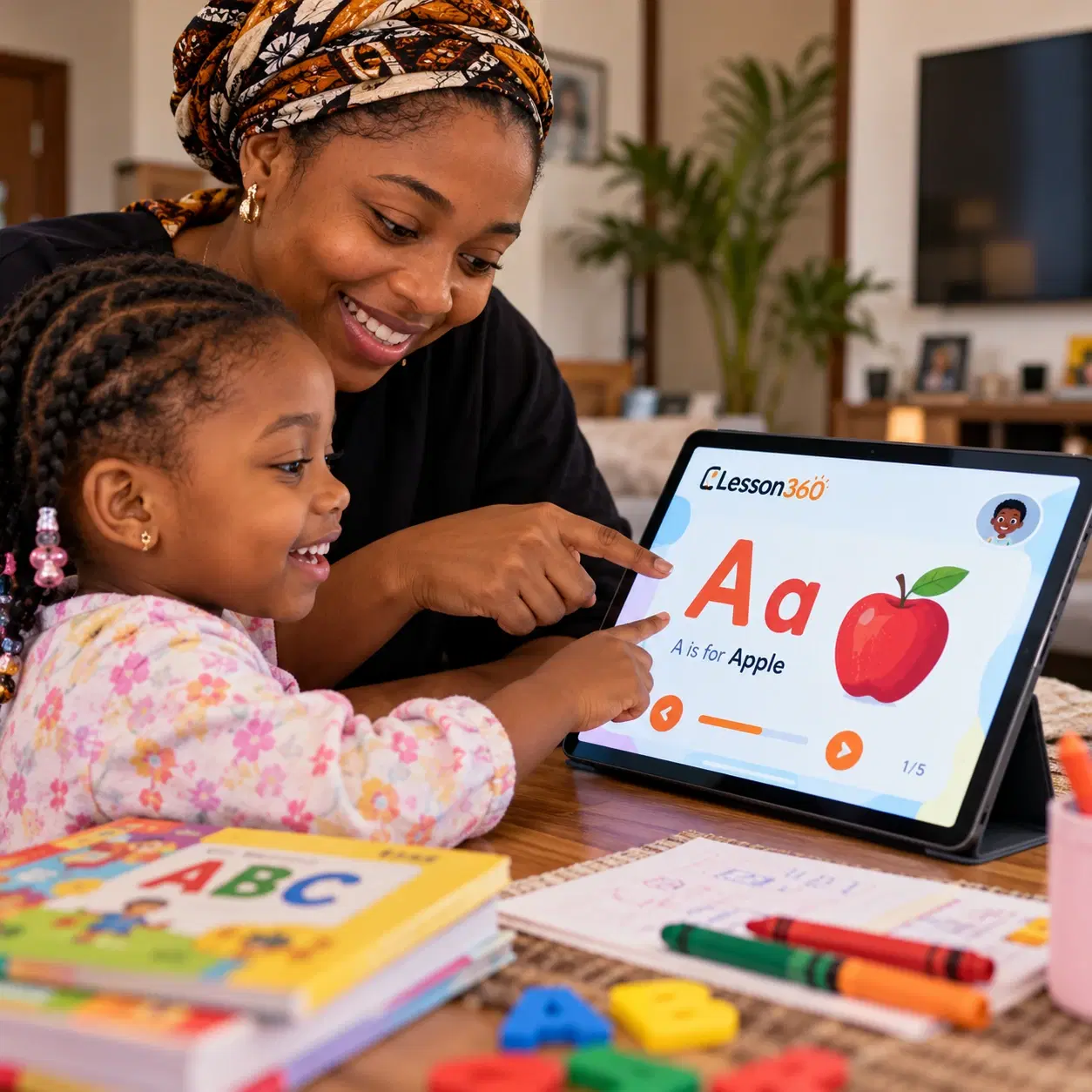 A mother and her young daughter learning the alphabet together on the Lesson360 app
