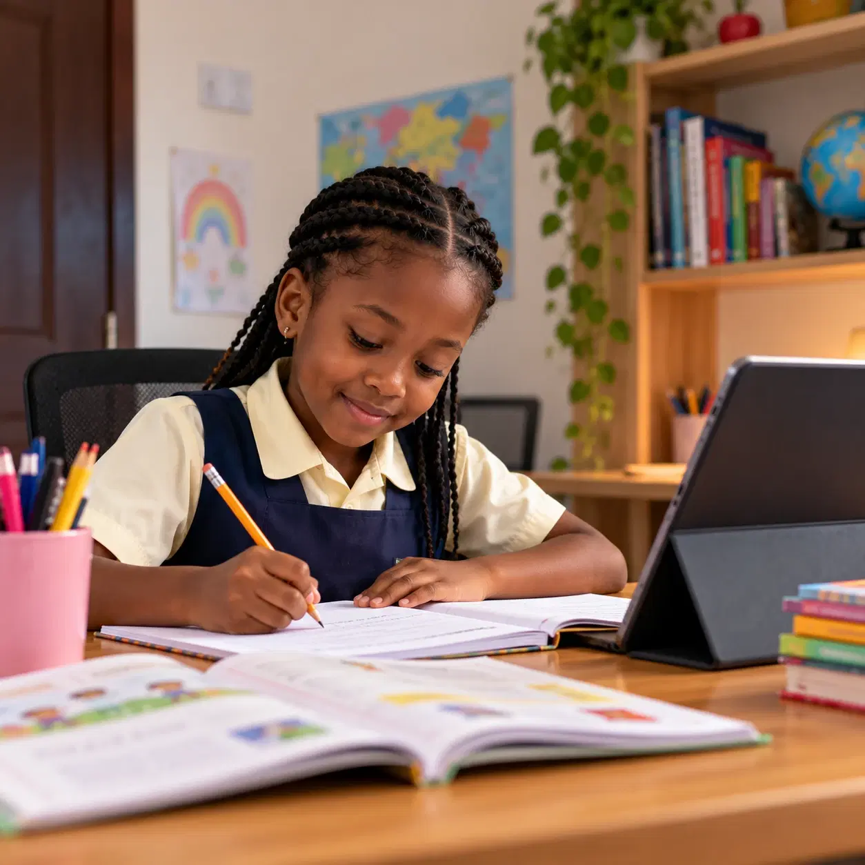 A pupil in school uniform writing in her workbook beside a tablet