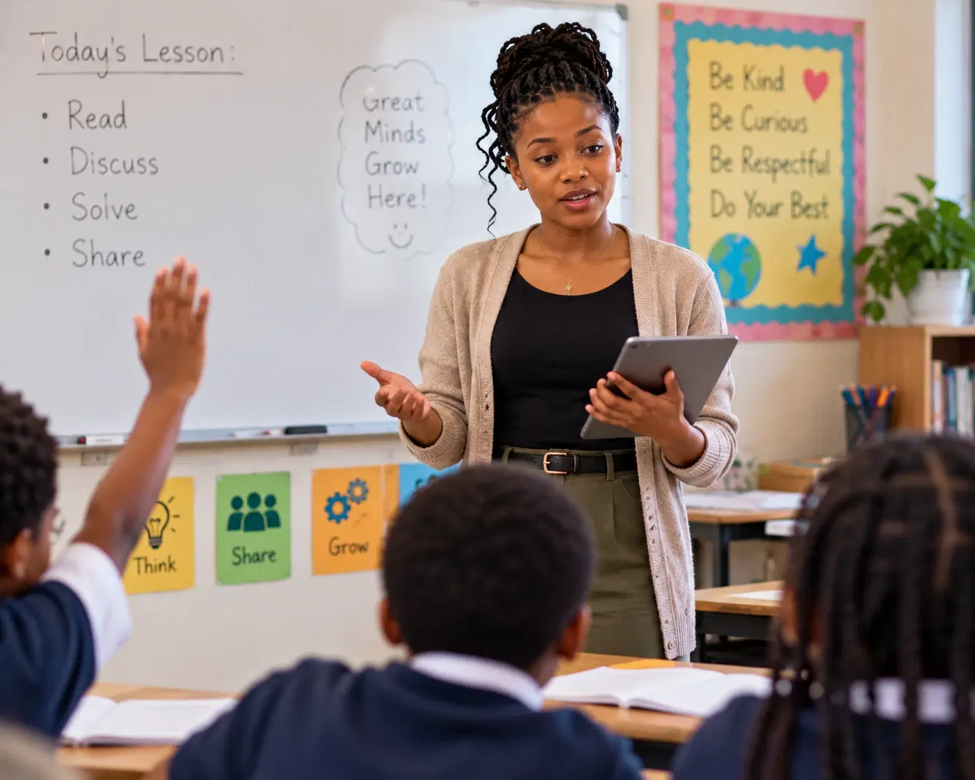 A teacher holding a tablet while leading a class discussion