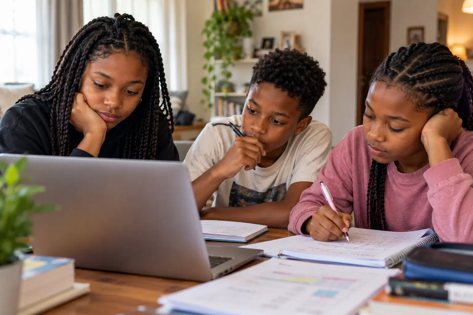 Three teenagers studying together for exams on a laptop